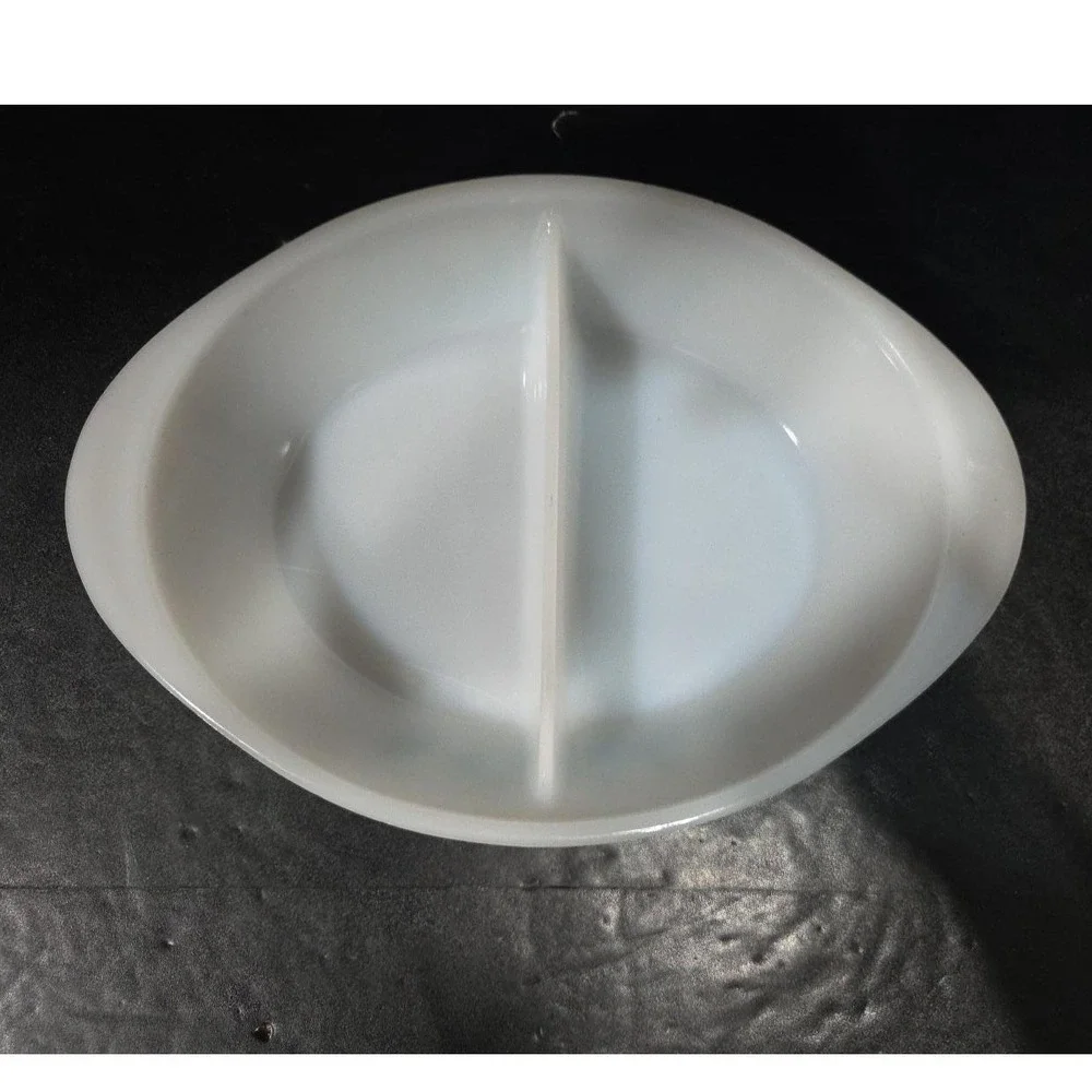 Glasbake‎ Divided Casserole Dish J-2352, Aqua Turquoise Fruit Design Milk Glass